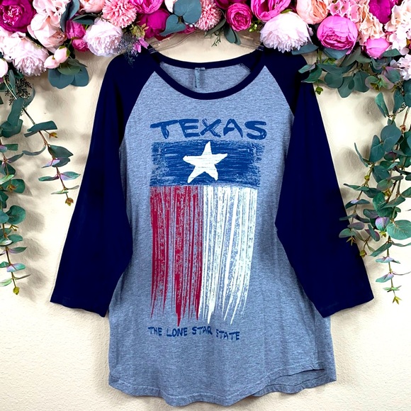 Texas Tops - •NWOT• |TEXAS| {red white & blue} Gray Baseball Tee w [navy blue sleeves]